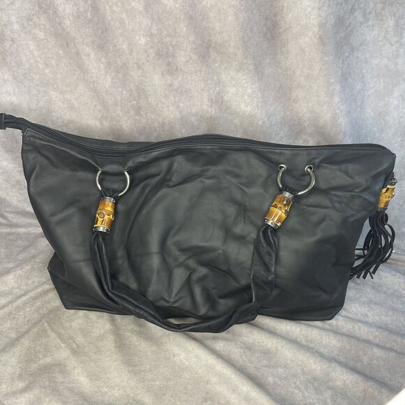 Coldwater Creek Black Polyurethane Hobo Shoulder Bag Purse Bamboo Trim Handles - Picture 2 of 9